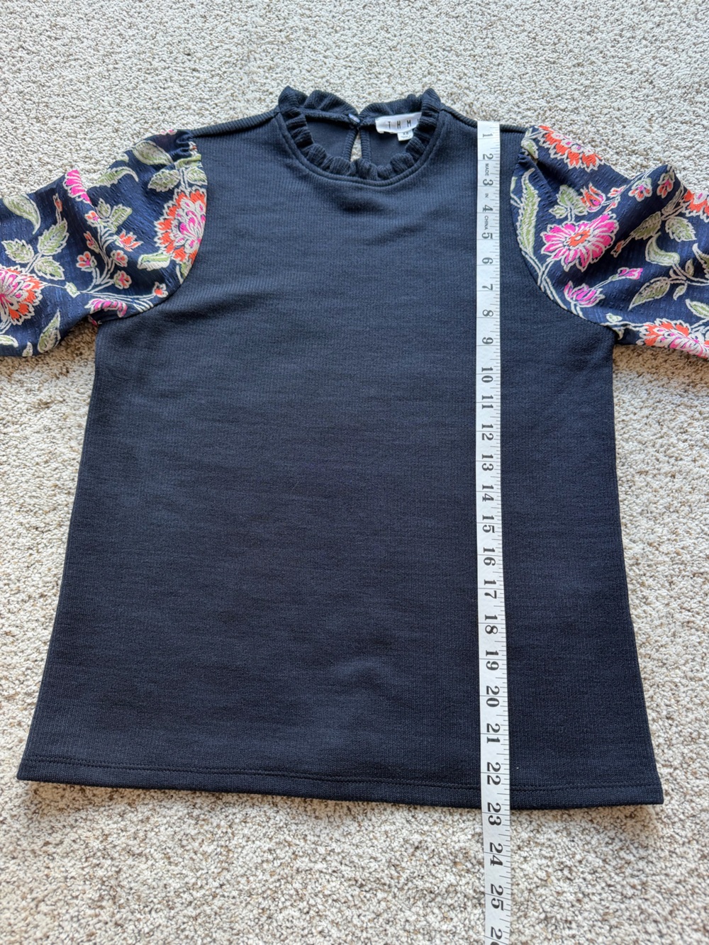 THML Sz XS Navy Floral Puff Sleeve Rib Knit Top Mock Neck Boho Cottagecore - Picture 10 of 11